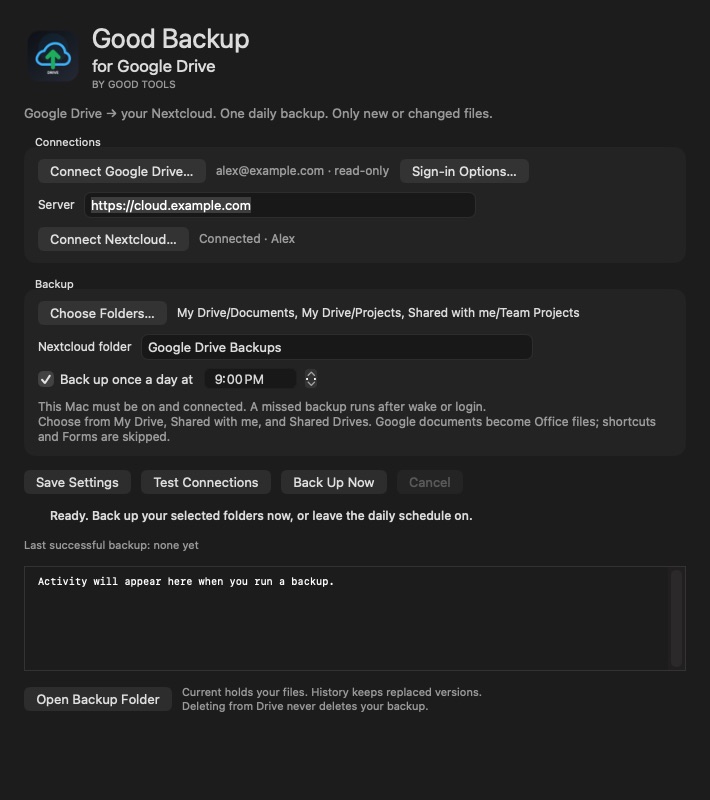 Good Backup for Google Drive app interface preview 1