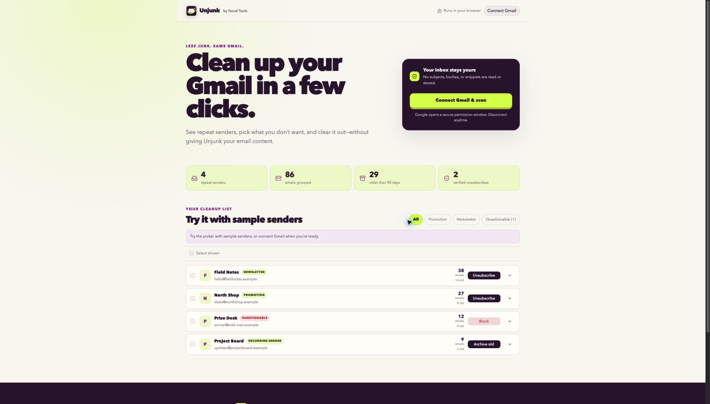 Unjunk app interface preview 1